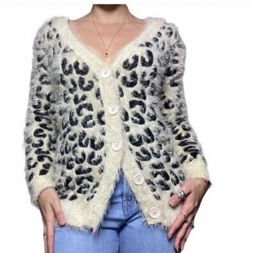 Anthropologie POL Fuzzy Leopard Cardigan Sweater